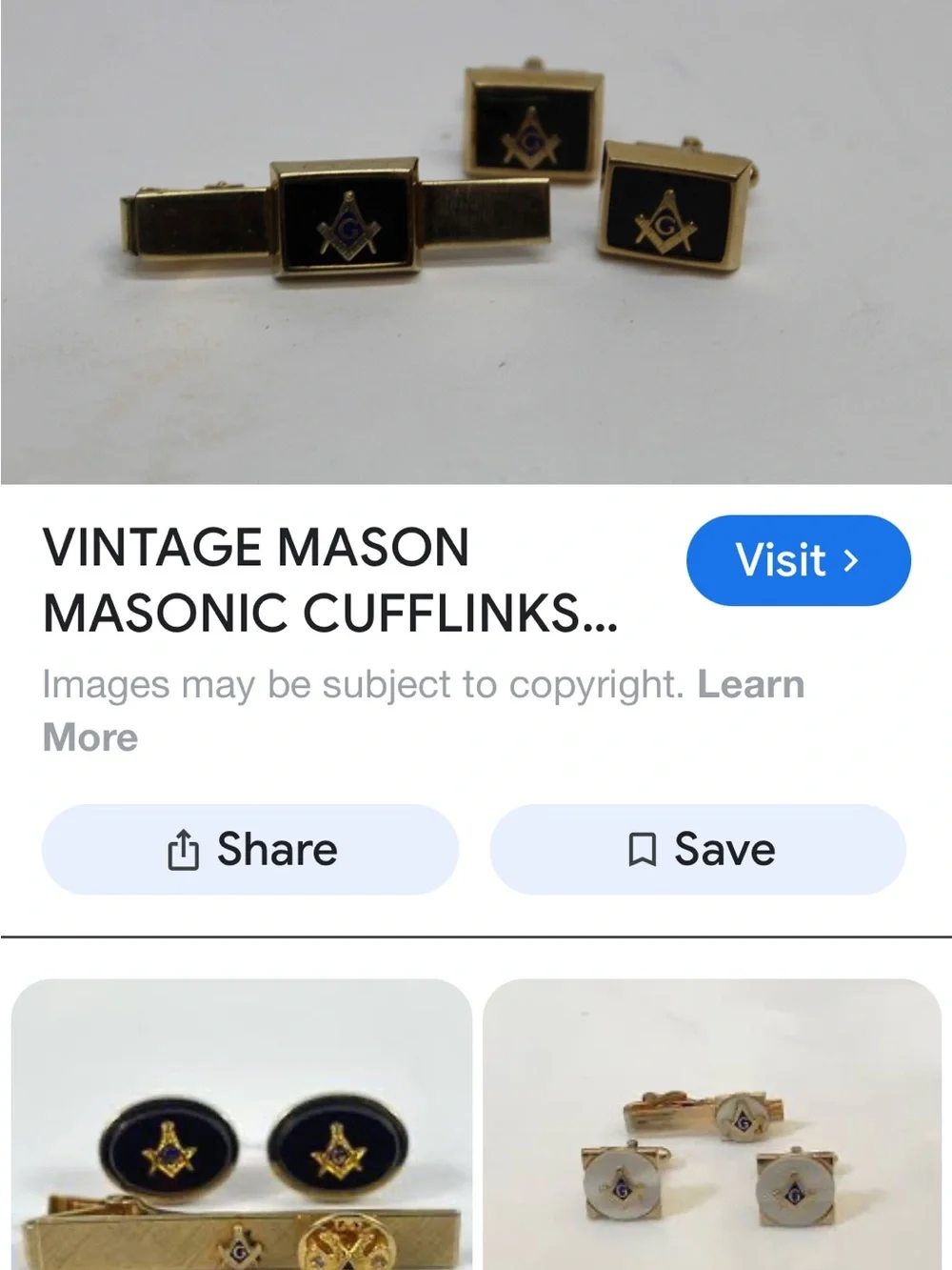 Vintage Anson Masonic Cufflinks & Tie Bar Set Gold Tone Black Enamel Mid-Century